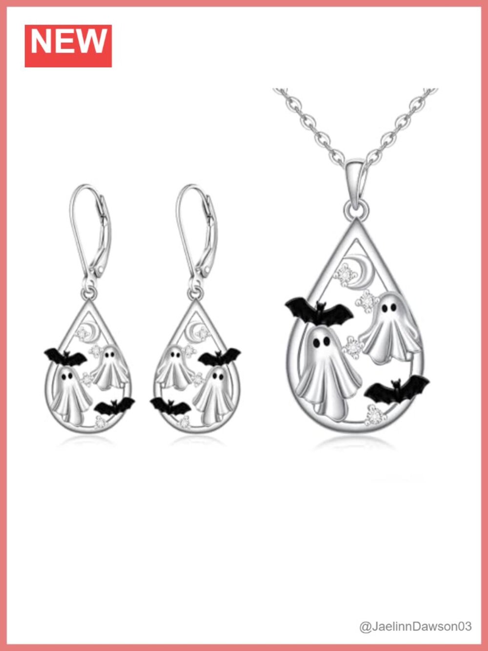 Halloween Ghost Bat Earrings Necklace Set Sterling Silver Dangle Drop Jewelry